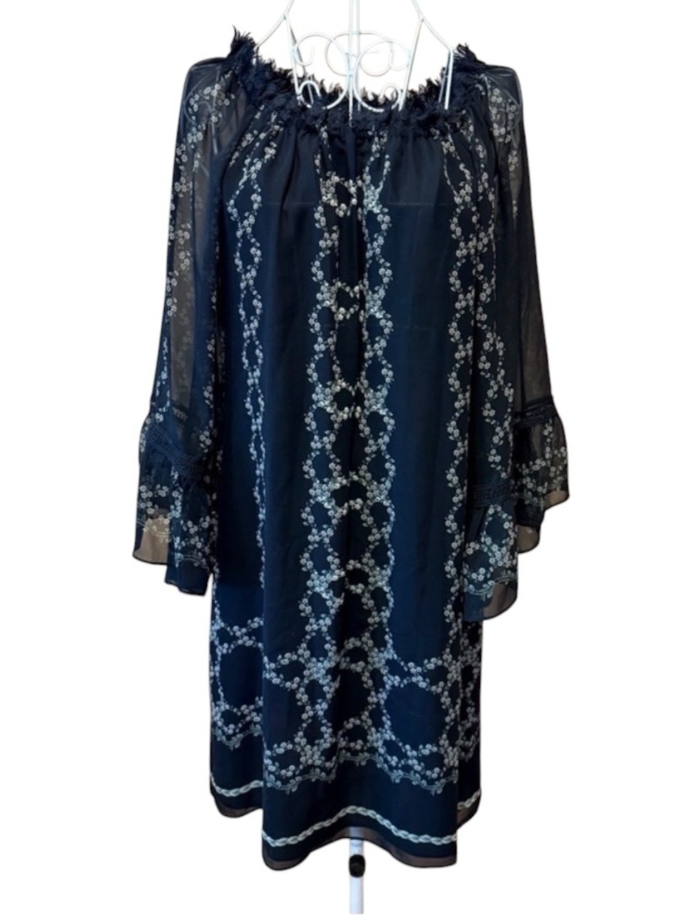 Max Studio Sheer Chiffon Shift Dress Black Scroll Print Lace Trim Long Sleeve M